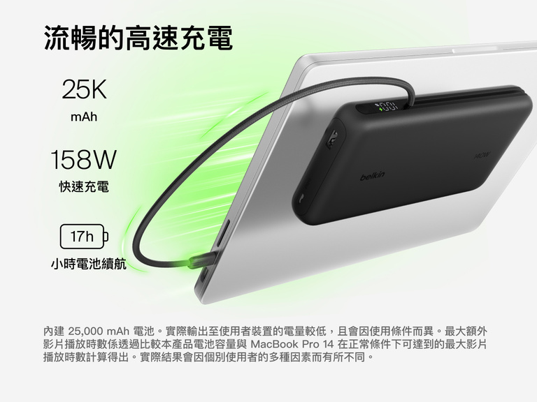 Belkin UltraCharge Pro Laptop Power Bank 25K delivering up to 158W fast charging with integrated USB-C cable connected to a laptop, 25,000 mAh capacity and digital display