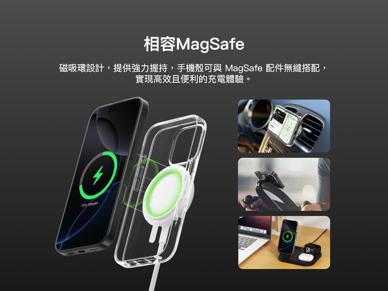 A promotional image showcasing the SheerForce&trade; Magnetic iPhone Case's MagSafe compatibility. The image highlights how the case securely attaches to MagSafe accessories, including car mounts, phone stands, and wireless charging docks, ensuring a seamless and efficient charging experience. The transparent case features a built-in magnetic ring for a strong connection to MagSafe-enabled devices.