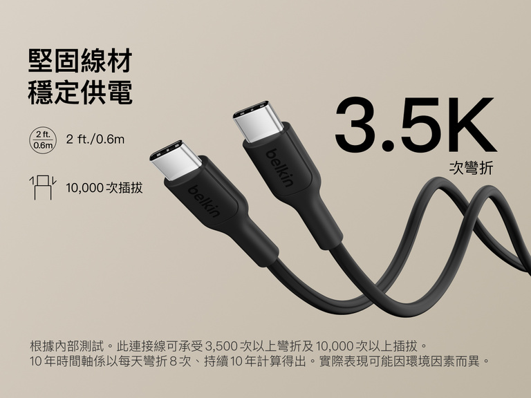 Belkin BoostCharge Slim Magnetic Power Bank 5K shown with durable USB-C to USB-C cable designed for 3,500+ bends and reliable long-lasting charging performance.