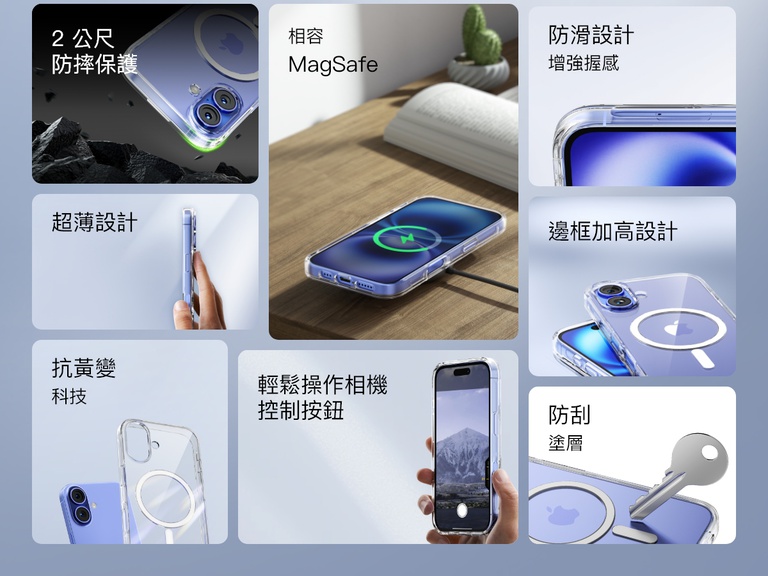 A feature-packed promotional image of the SheerForce&trade; Magnetic iPhone Case, highlighting its key benefits. The collage showcases its MagSafe compatibility, grip-enhancing grooved texture, protective raised edges, anti-yellowing technology, and anti-scratch coating. It also emphasizes 2m drop protection, ultra-slim design, and easy access to camera control, making it a durable and stylish choice for iPhone users.