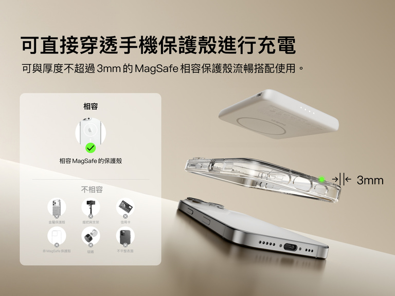 Belkin BoostCharge Slim Magnetic Power Bank 5K shown aligning with a smartphone and MagSafe-compatible case, demonstrating wireless charging through cases up to 3mm thick.