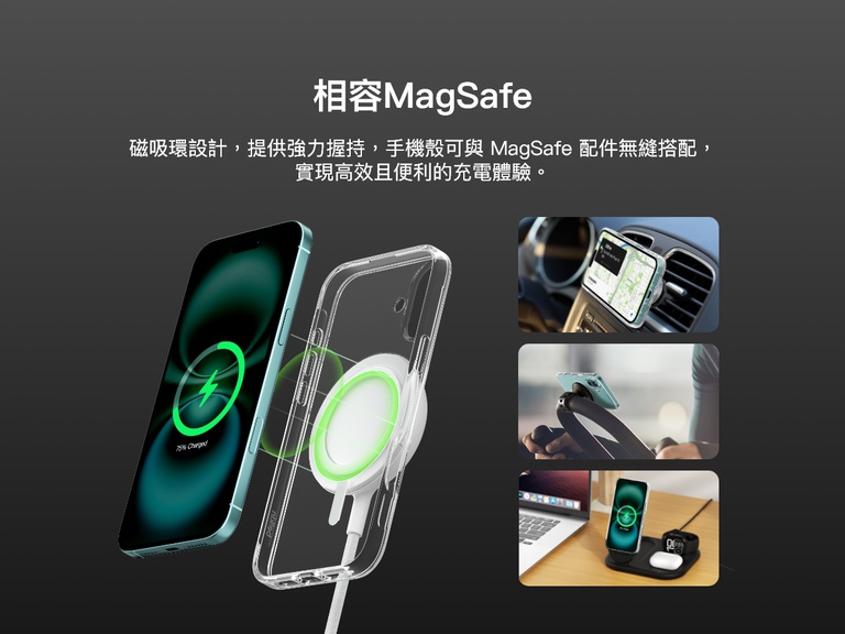 A promotional image showcasing the SheerForce&trade; Magnetic iPhone Case's MagSafe compatibility. The image highlights how the case securely attaches to MagSafe accessories, including car mounts, phone stands, and wireless charging docks, ensuring a seamless and efficient charging experience. The transparent case features a built-in magnetic ring for a strong connection to MagSafe-enabled devices.