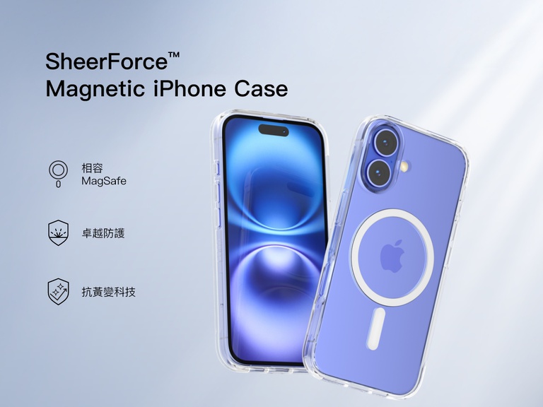 A promotional image of the SheerForce&trade; Magnetic iPhone Case, featuring a clear, MagSafe-compatible design. The case offers anti-yellowing technology and superior protection while maintaining the sleek look of the iPhone. The image highlights key features with icons, including MagSafe compatibility, durability, and long-lasting clarity.