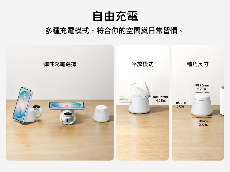 Belkin UltraCharge 模組化充電座支援 Qi2 25W，提供多種無線充電方式（支架與平面模式），以精簡空間的設計滿足日常裝置充電需求。