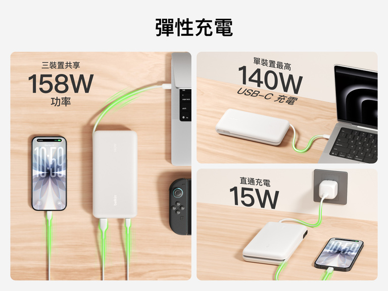 Belkin UltraCharge Pro Laptop Power Bank 25K demonstrating flexible charging with up to 158W shared output, 140W single-device USB-C charging, and pass-through charging capability