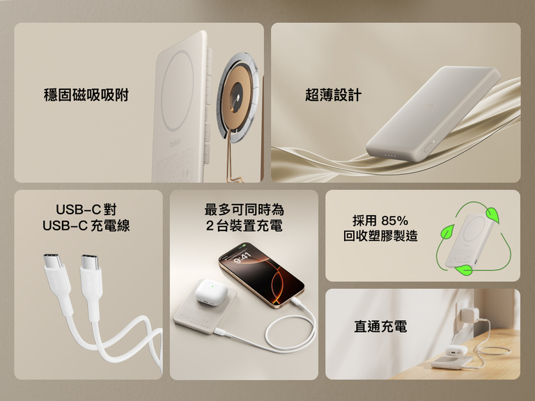 Belkin BoostCharge Slim Magnetic Power Bank 5K shown highlighting key features including secure magnetic ring, ultra-slim design, USB-C to USB-C cable, dual device charging, recycled materials, and pass-through charging capability.