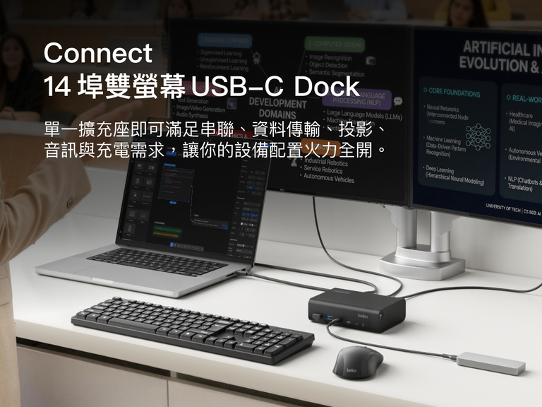 Universal 14-Port Dual Display USB-C Dock connected to laptop and dual monitors in a desk setup for multitasking