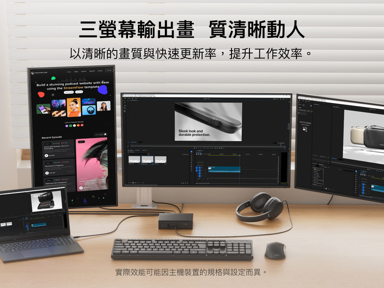 Triple display workspace setup showing a laptop connected to a USB-C dock and three monitors with creative and productivity applications, highlighting clear visuals and smooth performance.