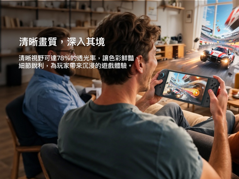 A man plays a racing game on a Nintendo Switch 2 in a warmly lit living room, with another person sitting nearby. The in-game action appears to burst out of the screen, illustrating immersive gameplay. Text on the left reads, &ldquo;Stunning Clarity, Greater Immersion,&rdquo; and notes that the Belkin screen protector offers up to 78% light transmission for vibrant colors and sharp details, enhancing the visual experience.