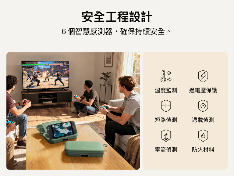Belkin Gaming Charging Case Pro 適用於 Nintendo Switch 2 於客廳情境中展示，重點介紹其專業的安全功能，包括溫度監控、過電壓保護、過載檢測和防火材質。