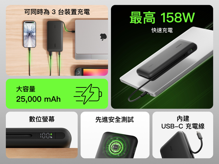 Belkin UltraCharge Pro Laptop Power Bank 25K charging multiple devices with integrated USB-C cable, 25,000 mAh capacity, up to 158W fast charging and digital display