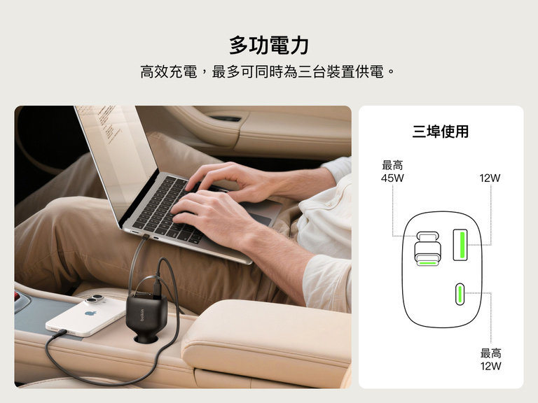 Image of the Belkin BoostCharge Retractable Car Charger 75W powering a laptop, smartphone, and earbuds simultaneously with 3-port usage for efficient in-car charging.
