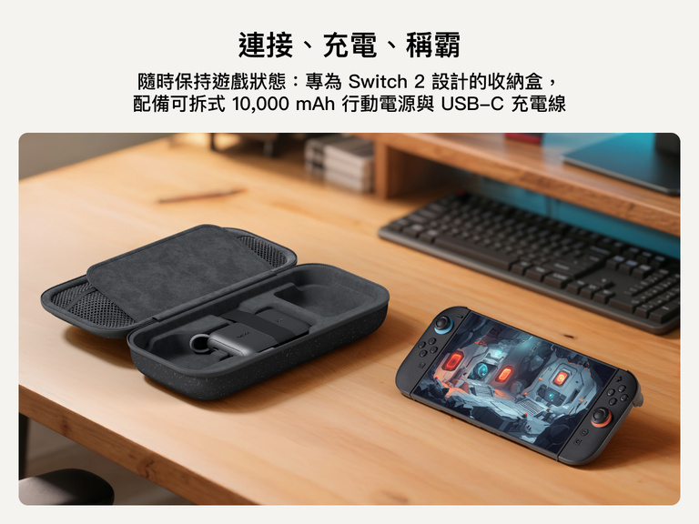 Belkin Gaming Charging Case for Nintendo Switch 2 displayed open with detachable 10,000 mAh power bank and USB-C cable, next to a Switch 2 console in use on a desk.