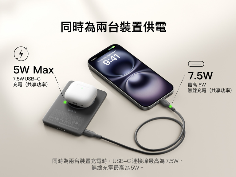 Belkin BoostCharge Slim Magnetic Power Bank 5K shown charging a smartphone via USB-C, highlighting 15W fast charging and dual wired or magnetic wireless power capability.