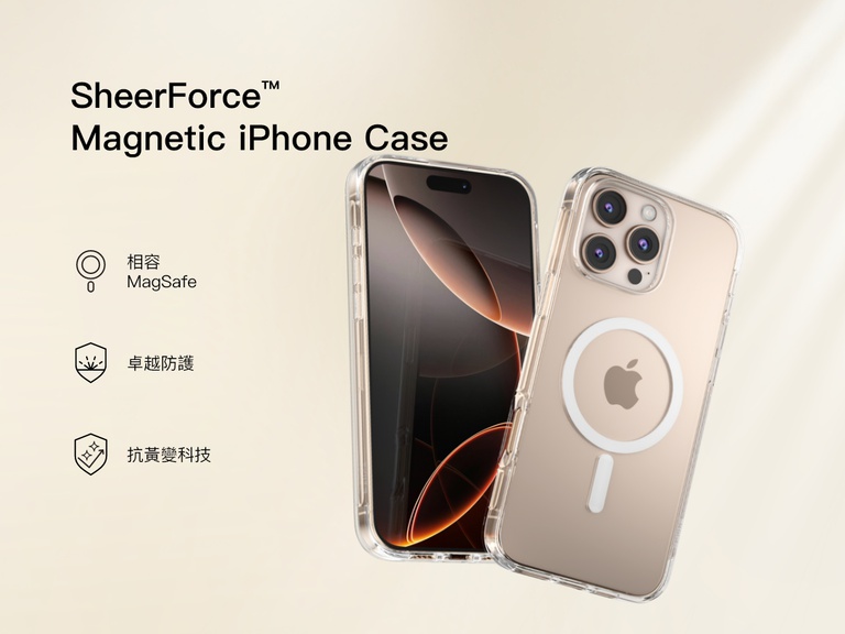 A promotional image of the SheerForce&trade; Magnetic iPhone Case, featuring a clear, MagSafe-compatible design. The case offers anti-yellowing technology and superior protection while maintaining the sleek look of the iPhone. The image highlights key features with icons, including MagSafe compatibility, durability, and long-lasting clarity.