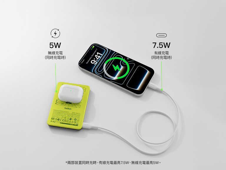 展示 Belkin BoostCharge Slim 磁吸式行動電源 5K 正在透過 USB-C 連接埠為智慧型手機充電，突顯 15W 快速充電和有線或磁吸雙通道無線充電功能。
