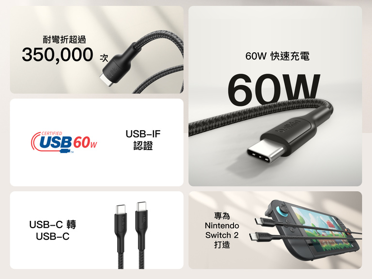 Belkin Gaming USB-C to USB-C Cable 60W delivers fast charging for Nintendo Switch 2 with a durable 350,000+ bend lifespan and USB-IF certification.