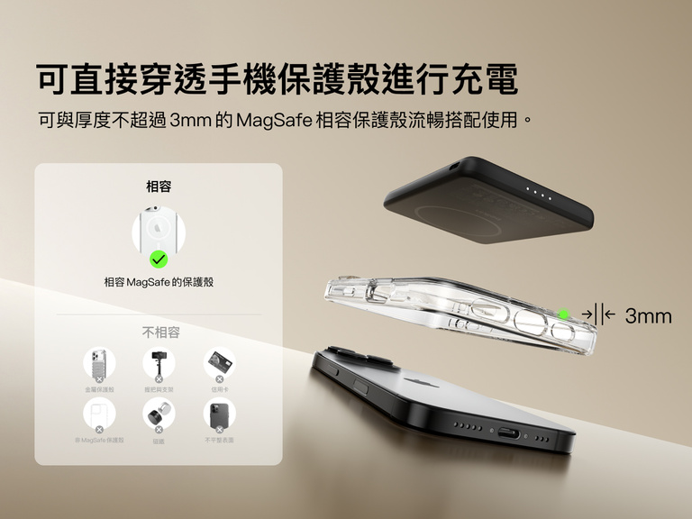 Belkin BoostCharge Slim Magnetic Power Bank 5K shown aligning with a smartphone and MagSafe-compatible case, demonstrating wireless charging through cases up to 3mm thick.