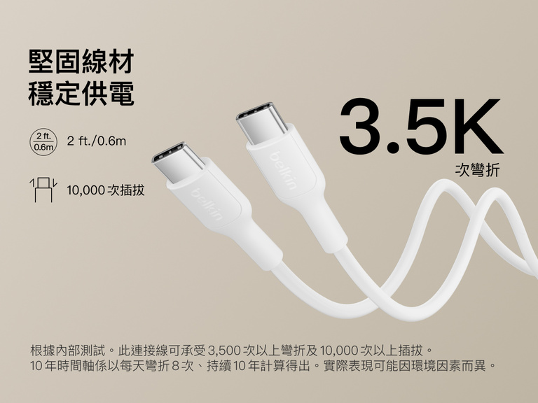 Belkin BoostCharge Slim Magnetic Power Bank 5K shown with durable USB-C to USB-C cable designed for 3,500+ bends and reliable long-lasting charging performance.