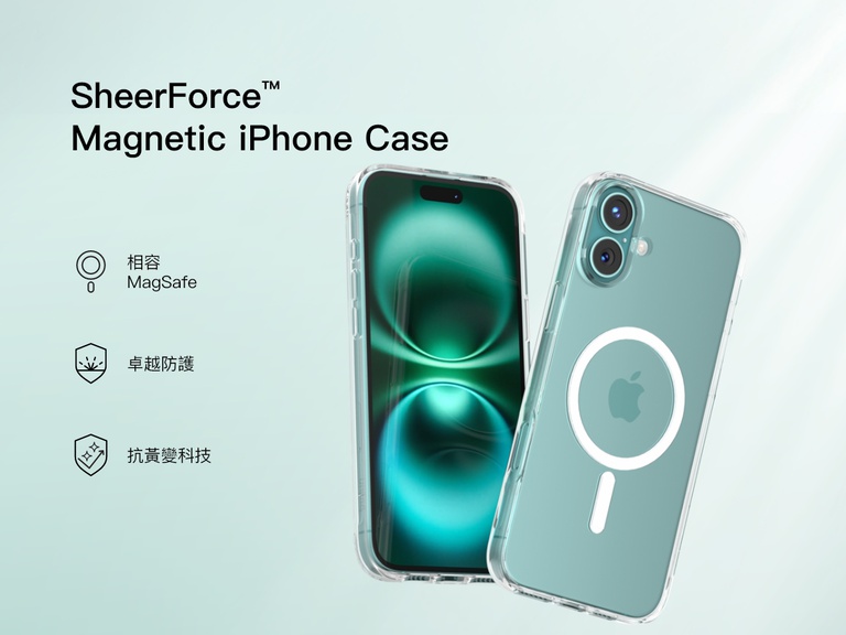 A promotional image of the SheerForce&trade; Magnetic iPhone Case, featuring a clear, MagSafe-compatible design. The case offers anti-yellowing technology and superior protection while maintaining the sleek look of the iPhone. The image highlights key features with icons, including MagSafe compatibility, durability, and long-lasting clarity.