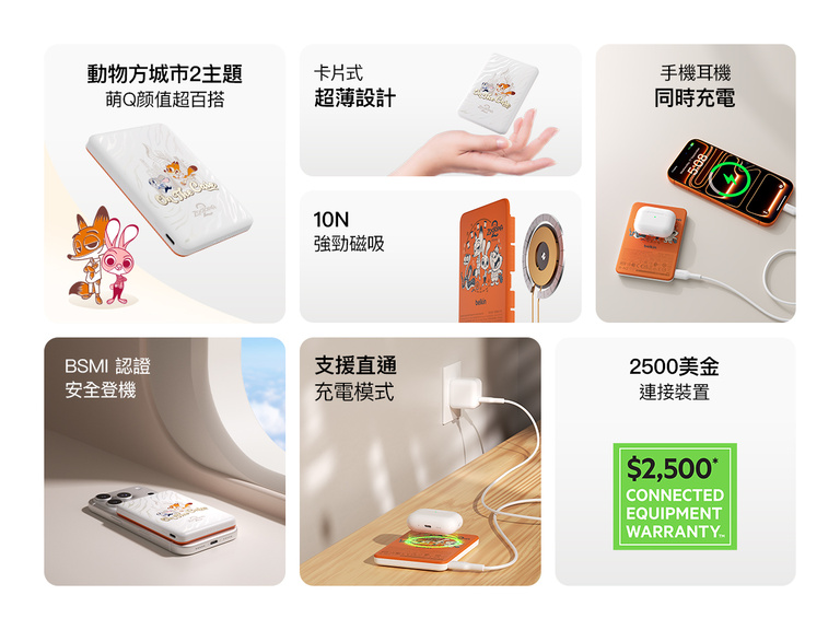 Belkin BoostCharge Slim 磁吸式行動電源 5K 展示其主要功能特色，包括安全磁吸環、超纖薄設計、USB-C 轉 USB-C 充電線、雙裝置充電、可回收材料及直通充電功能。