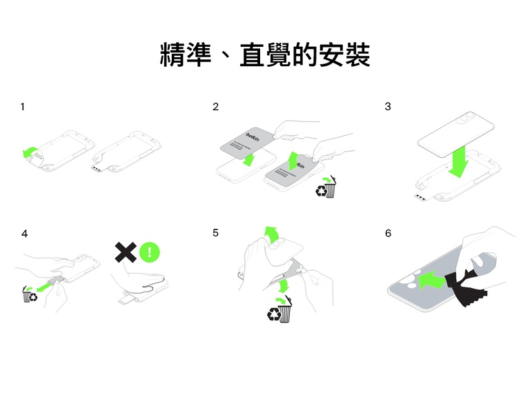 逐步圖解展示使用施用托盤與移除工具，安裝 Belkin ScreenForce InvisiGlass 螢幕保護貼的精確、直覺式流程。