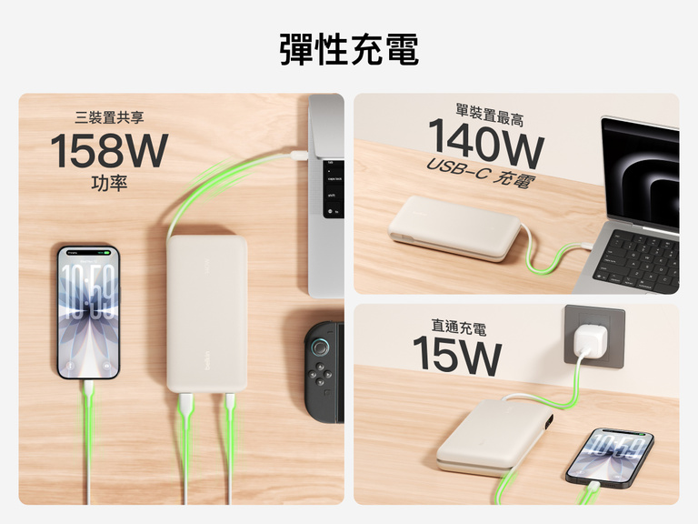 Belkin UltraCharge Pro Laptop Power Bank 25K demonstrating flexible charging with up to 158W shared output, 140W single-device USB-C charging, and pass-through charging capability
