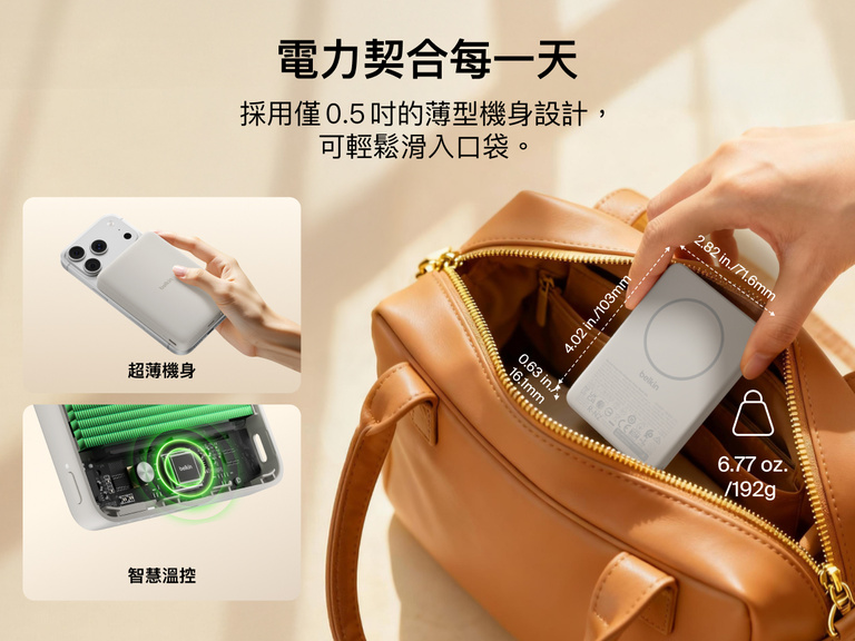 Belkin BoostCharge Slim 纖薄的磁吸式行動電源 10K，厚度僅為 0.5 吋，可輕鬆放入包中，凸顯其隨身設計以及智慧溫控功能。
