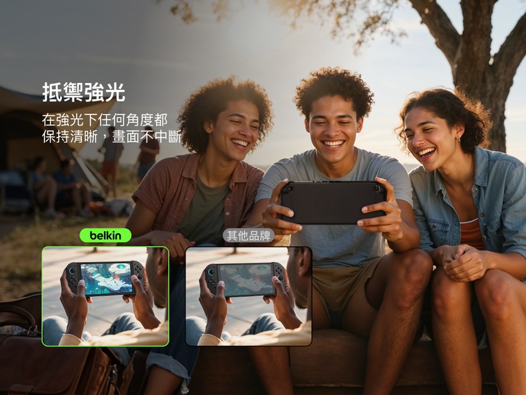 Three friends laugh and enjoy gaming outdoors at a campsite during daylight. On the left, a comparison between a Nintendo Switch 2 with a Belkin anti-reflective screen protector and one with a generic protector shows the Belkin screen as clear and vivid, while the other has glare. Text above reads "Defeat the Glare" with a subheading: "Stays clear at any angle in bright light for sharp, uninterrupted visibility."