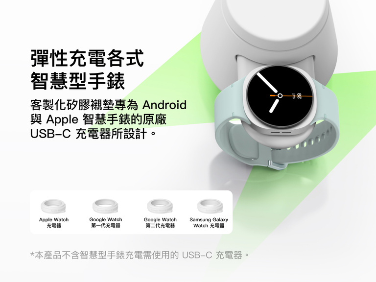 Belkin UltraCharge 模組化充電座提供彈性的智慧手錶充電體驗，並配有可替換式固定座，相容 Apple Watch、Google Watch 與 Samsung Galaxy Watch 的 USB-C 充電器。