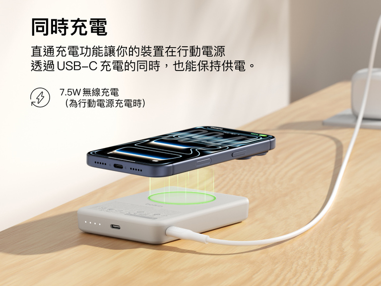 Belkin BoostCharge Slim 磁吸式行動電源 10K 展示了邊充邊用功能，智慧型手機以 7.5W 功率進行無線充電，同時行動電源本身則可透過 USB-C 充電。