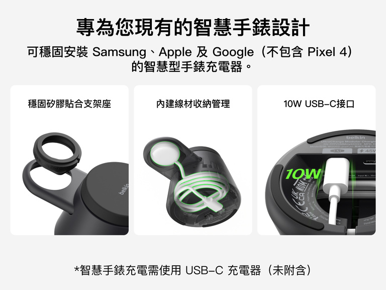 Belkin UltraCharge 模組化充電座配備矽膠貼合的手錶固定座、內建線材收納，並提供 10W USB-C 連接埠，可彈性搭配相容的 Apple、Google 與 Samsung 智慧手錶充電器。