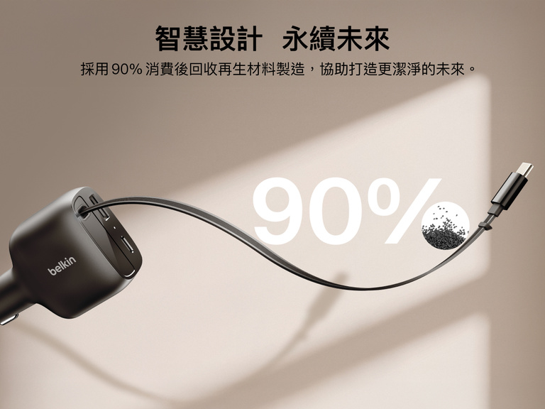 Image of the Belkin BoostCharge Retractable Car Charger 75W featuring a USB-C cable and made with 90% post-consumer recycled materials.