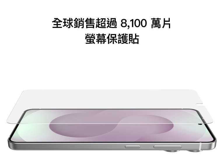 圖片顯示 Samsung Galaxy S25 Edge 手機已貼上螢幕保護貼，強調說明已售出超過 8,100 萬片螢幕保護貼。