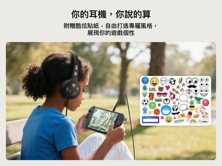 A child personalizing their Belkin Gaming Mini Wired Kids Headphones with colorful stickers while gaming outdoors on a Nintendo Switch 2, showcasing customization and playful self-expression.