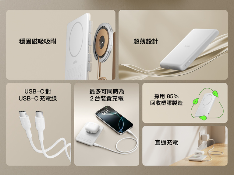 Belkin BoostCharge Slim Magnetic Power Bank 5K shown highlighting key features including secure magnetic ring, ultra-slim design, USB-C to USB-C cable, dual device charging, recycled materials, and pass-through charging capability.