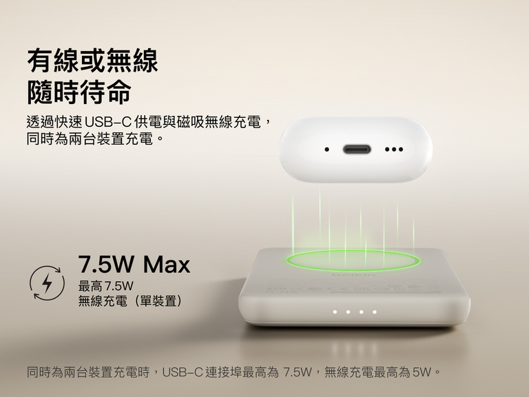 Belkin BoostCharge Slim Magnetic Power Bank 5K shown wirelessly charging earbuds, demonstrating 7.5W max magnetic wireless charging for single-device power.