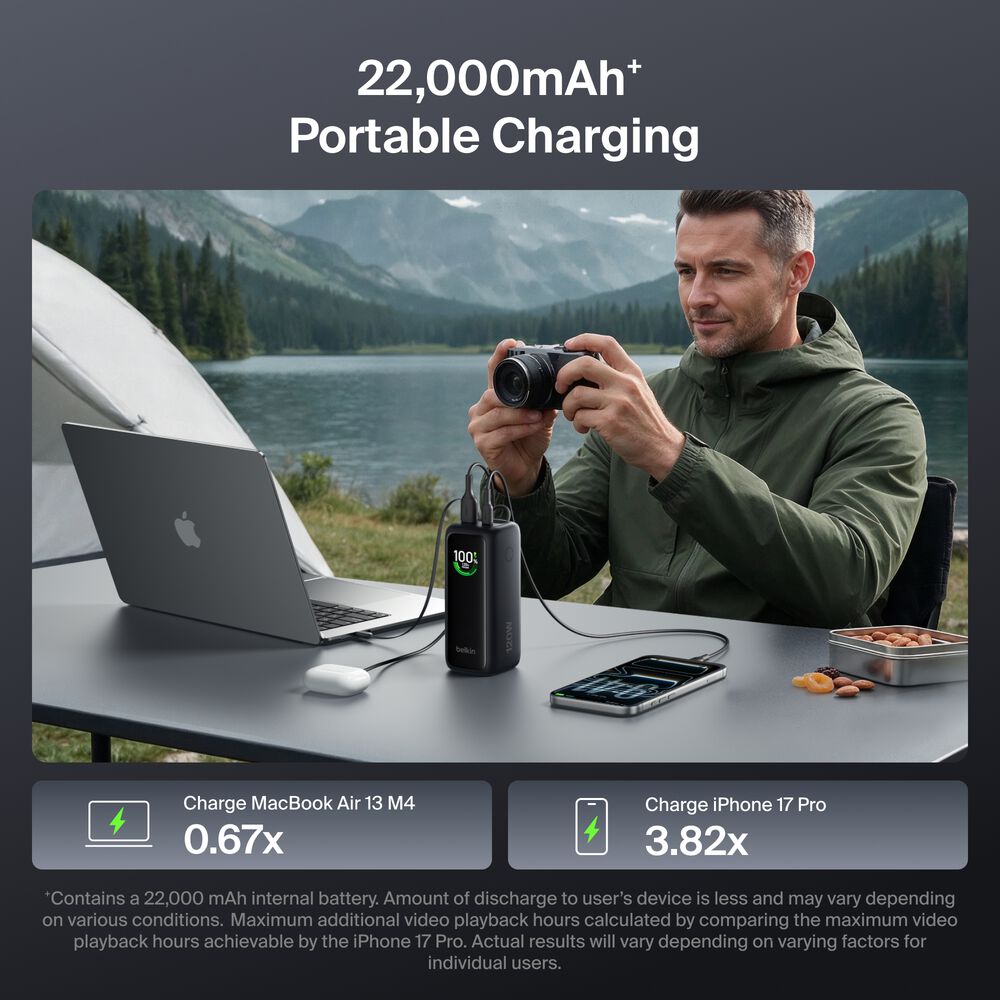 Power Bank 22K with Retractable Cable, Black, hi-res