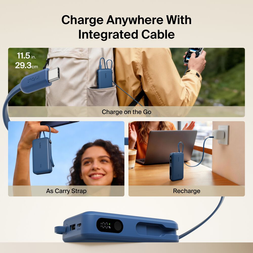 Power Bank 10K with Integrated Cable and Display, Blue, hi-res