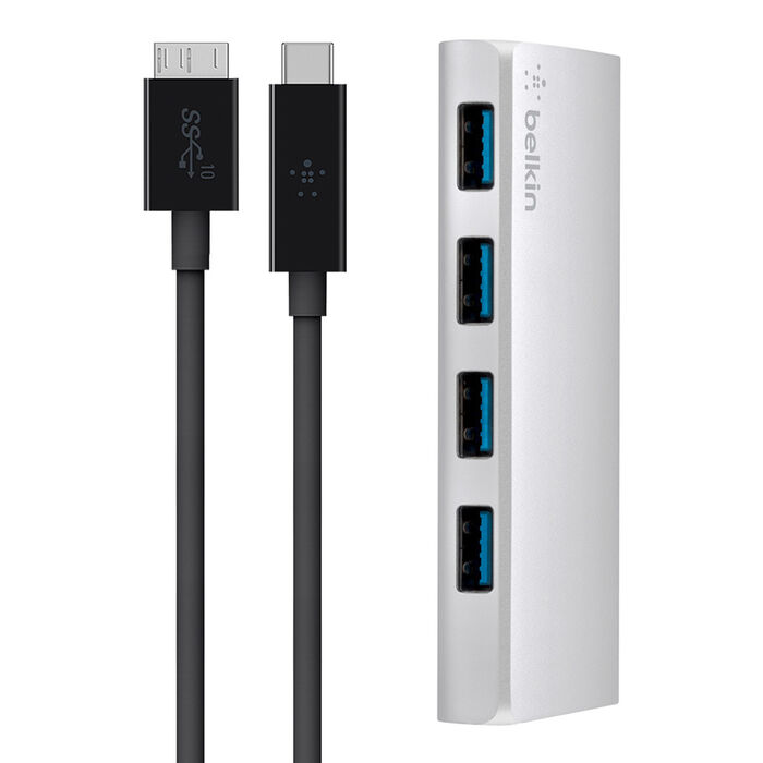 USB 3.0 4 Port Hub + USB-C Cable (USB Type-C) (Certified Refurbished), Silver, hi-res