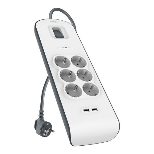 Spanningsbeveiliger met 6 stopcontacten en USB-laadpoorten (2,4 A)