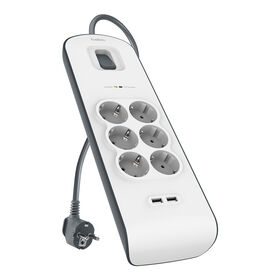 Spanningsbeveiliger met 6 stopcontacten en USB-laadpoorten (2,4 A), White/Gray, hi-res