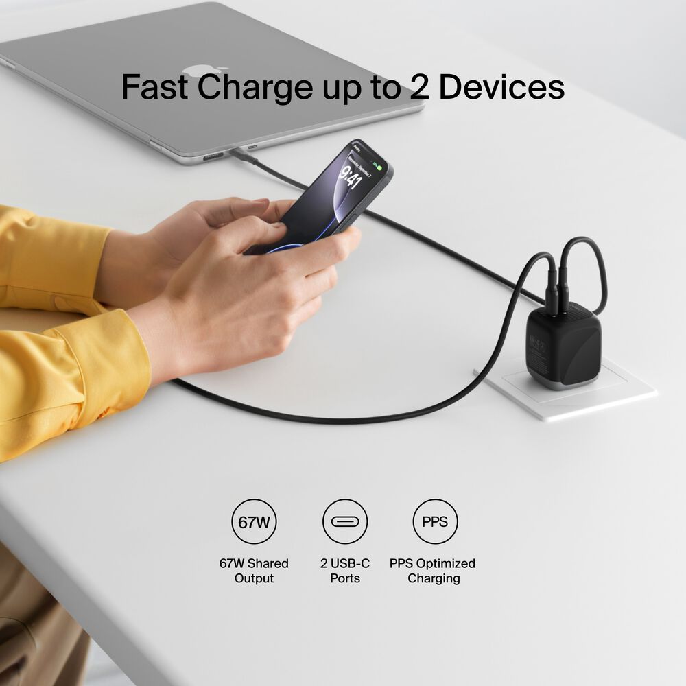Dual USB-C GaN Wall Charger 67W, Black, hi-res