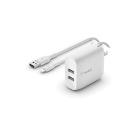 Dual USB-A Wall Charger 24W + Lightning to USB-A Cable, White, hi-res