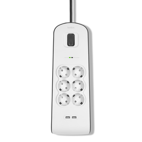 Spanningsbeveiliger met 6 stopcontacten en USB-laadpoorten (2,4 A), White/Gray, hi-res