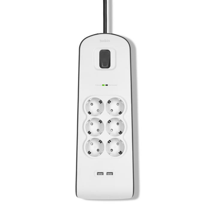 Spanningsbeveiliger met 6 stopcontacten en USB-laadpoorten (2,4 A), White/Gray, hi-res