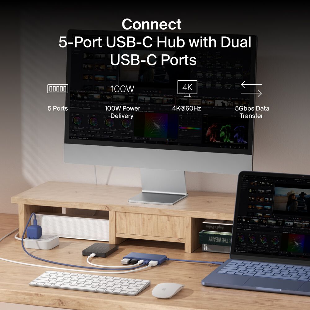 5-Port USB-C Hub with Dual USB-C Ports for MacBook Neo, Indigo, hi-res