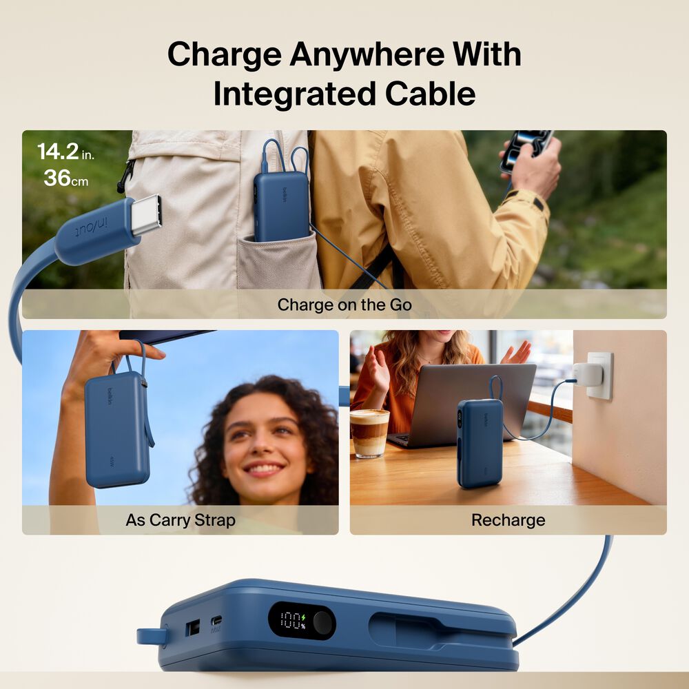 Power Bank 20K with Integrated Cable and Display, Blue, hi-res