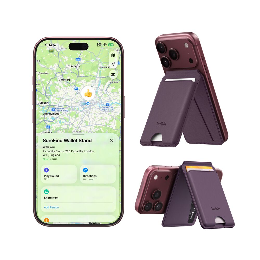 Wallet Stand with Bluetooth Tracker, Plum, hi-res