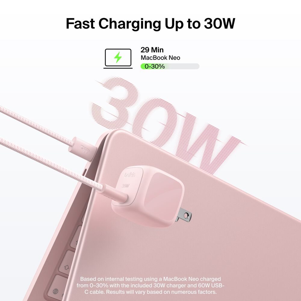 Compact USB-C Charger 30W + Braided USB-C Cable for MacBook Neo, Pink, hi-res